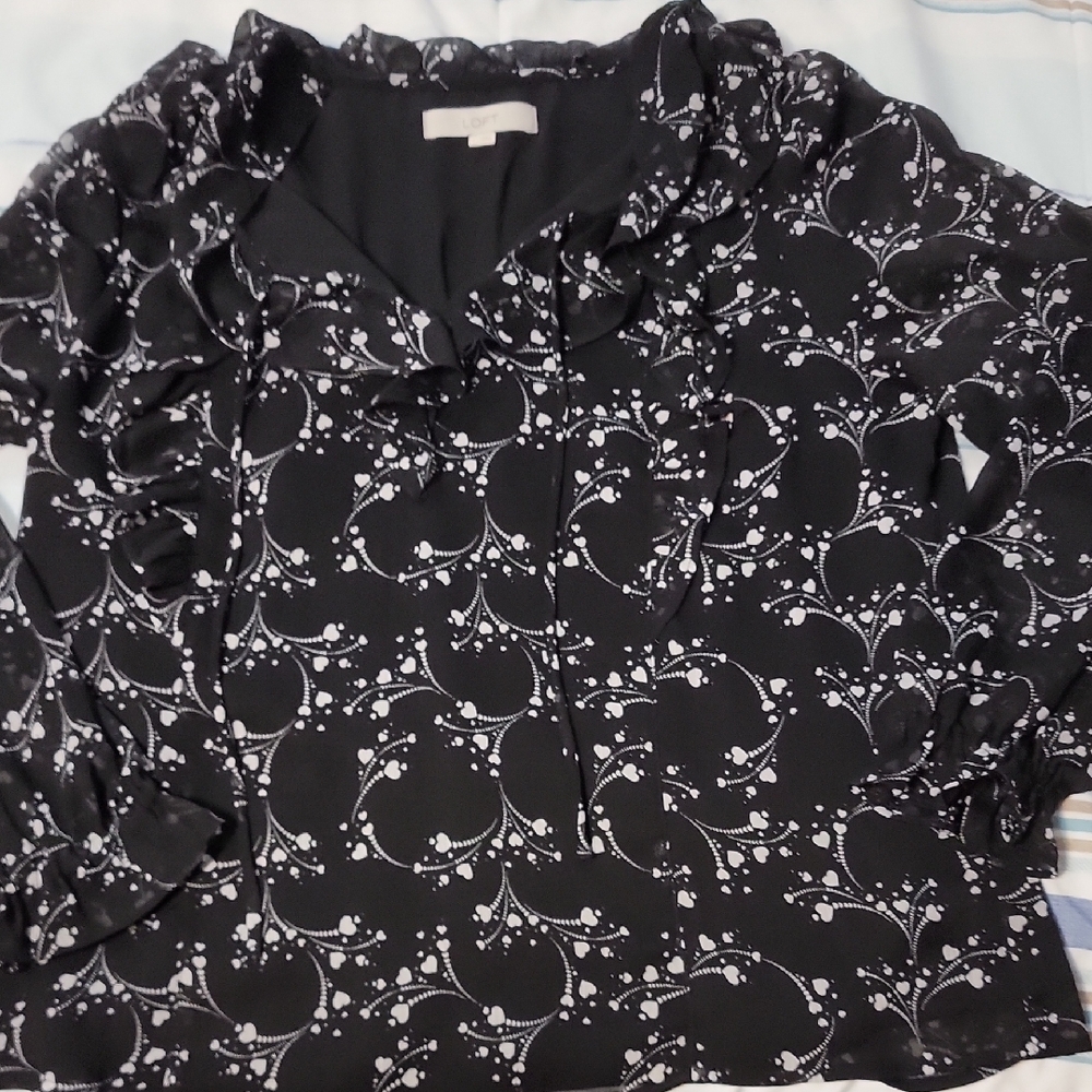 LOFT Black and White Ruffled Blouse